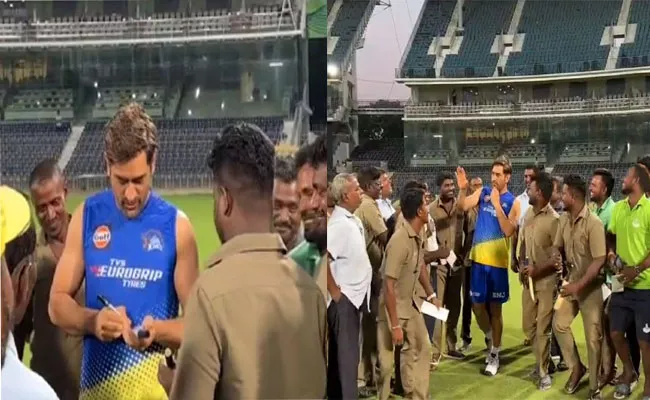 MS Dhoni Wins Hearts As He Signs Autographs-Chepauk Groundstaff Viral - Sakshi