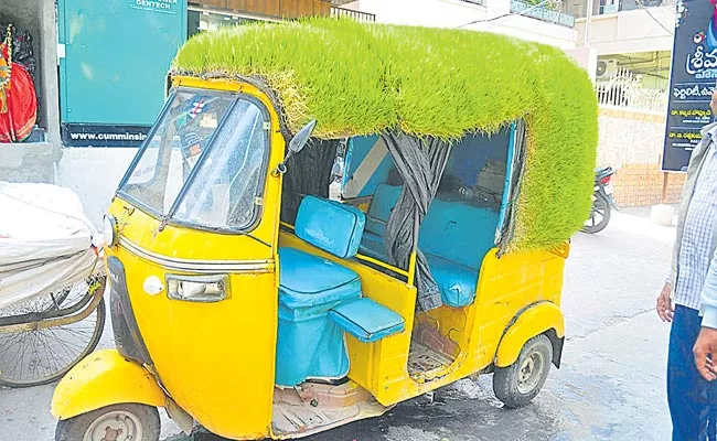 Khammam: Auto Driver Grows Paddy Naru On Top Of Auto To Beat Heat - Sakshi