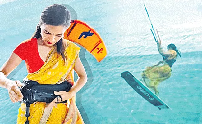 Woman does kite surfing in saree - Sakshi