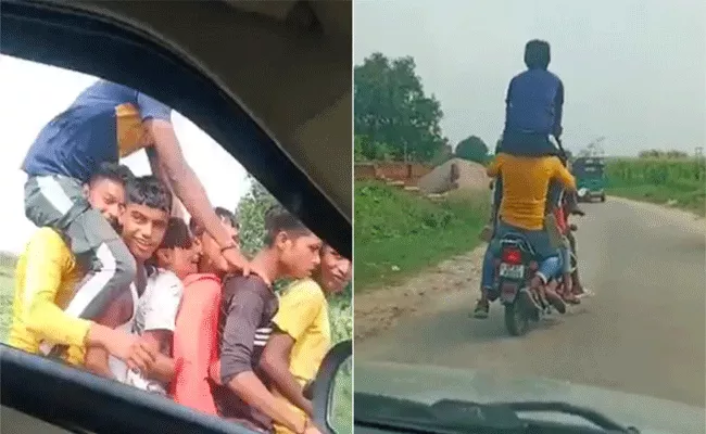 7 boys riding a bike last one sat on the shoulder - Sakshi