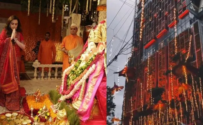 Ganesh Chaturthi Mukesh Ambani Huge Haar At Lalbaugcha Raja Antilia Decked - Sakshi