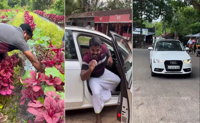 Indian farmer Arrives Audi Car To sell vegetables - Sakshi