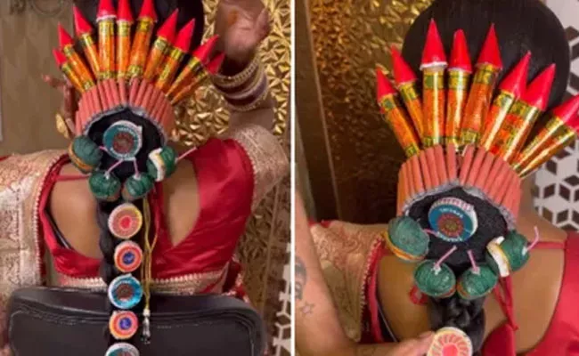 Woman Adds Firecrackers To Her Traditional Hairstyle In Viral Diwali Video - Sakshi