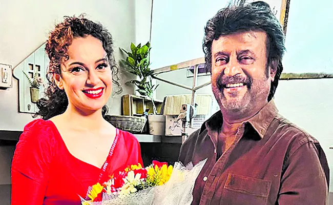 Rajinikanth surprises Kangana Ranaut and R Madhavan on the sets of their psychological thriller - Sakshi