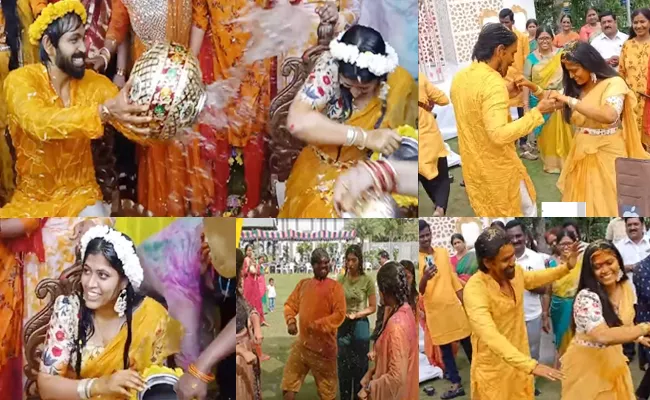 Maanas Nagulapalli Dances with Srija in Haldi Function - Sakshi