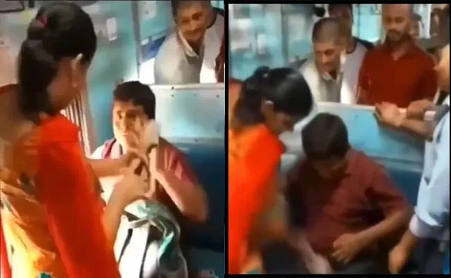 Woman Beats Up Man With Slippers In Train Journey - Sakshi