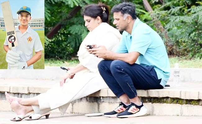 Rahul Dravid And Wife Vijeta Watch Their Son Samit play in Cooch Behar Trophy - Sakshi