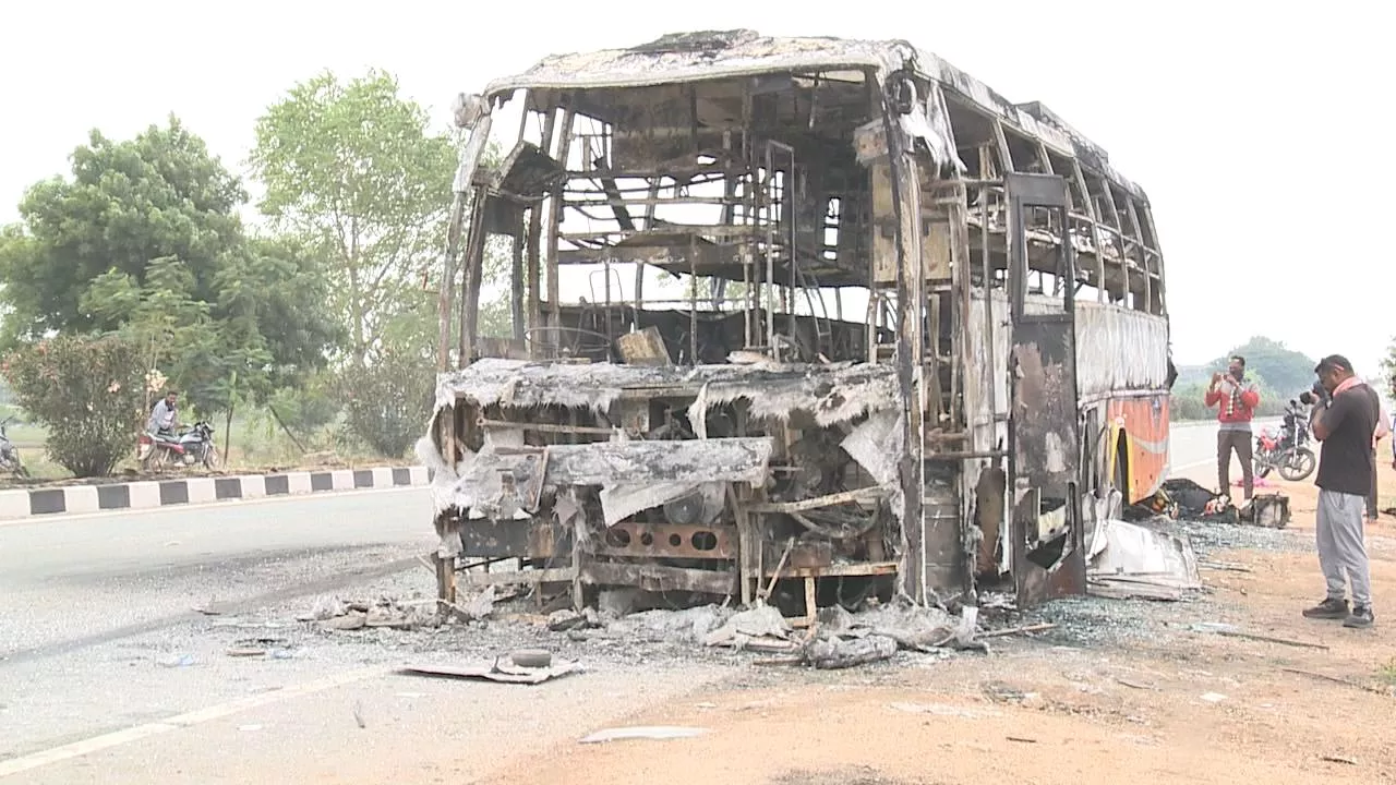 Private Travels Bus Short Circuited In Nalgonda - Sakshi