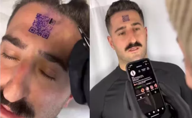 Man Gets QR Code Tattoo On Forehead Video Viral - Sakshi