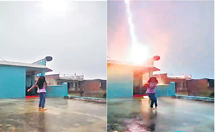 Terrifying video captures thunderbolt almost striking Bihar girl dancing in rain