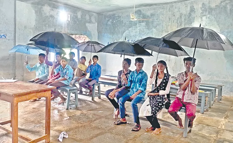 Rain Effect Students listening to lessons holding umbrellas