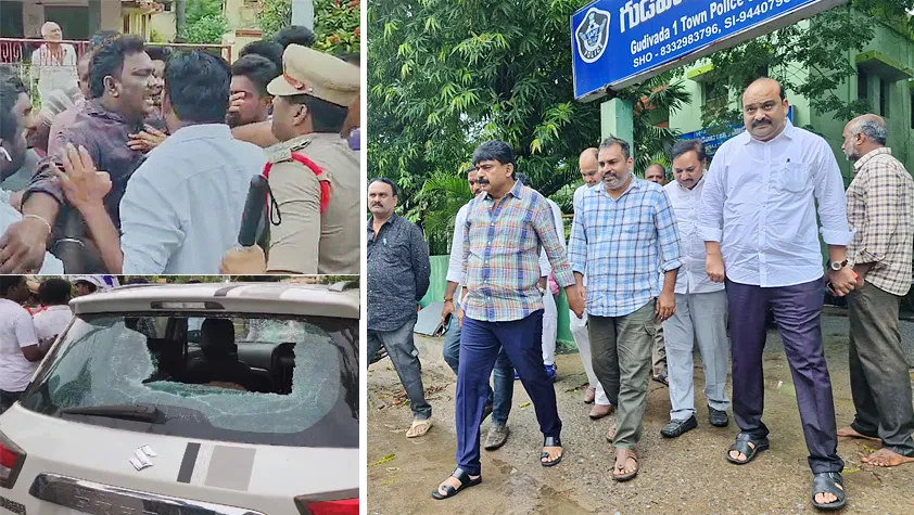 Janasena Leaders Stone Attack On Ysrcp Leader Perni Nani In Gudivada