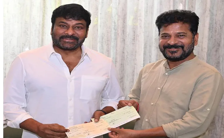 Megastar Chiranjeevi Gives Cheques To Telangana CM Relief Fund