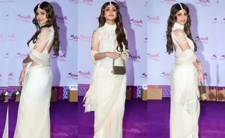 Shilpa Shetty Radiates In Chiffon Draped Saree With Pearl Blouse 