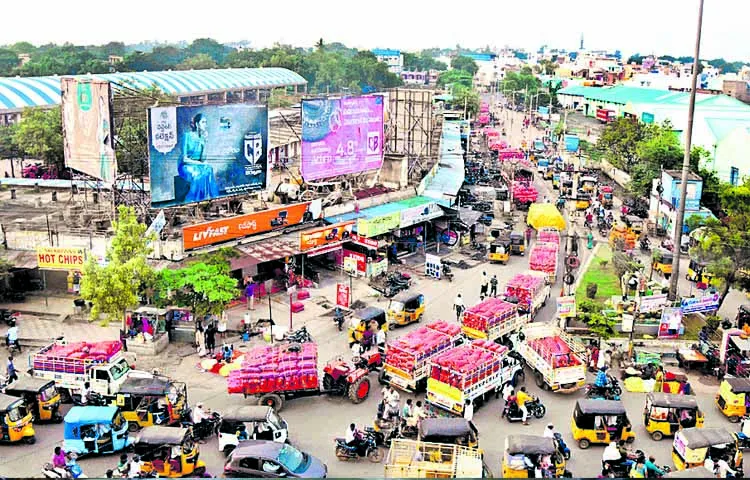 Vehicles loaded with onions are standing on the roads