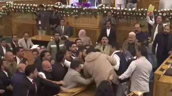 Chaos in J&K Assembly after Engineer Rashid brother shows Article 370 banner