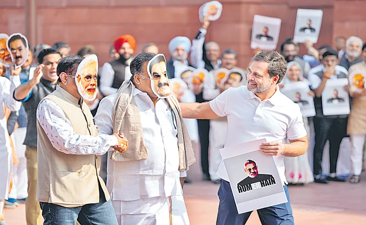 Rahul Gandhi mock interview with Modi-Adani outside Parliament