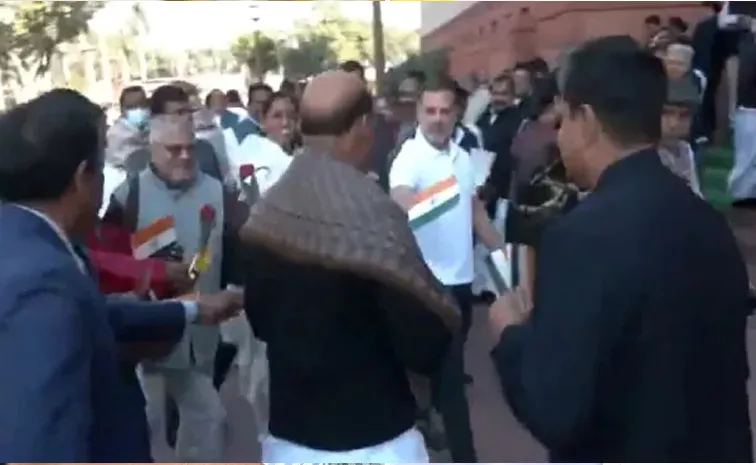 Rahul Gandhi Gives Rose,Tricolour To Rajnath Singh