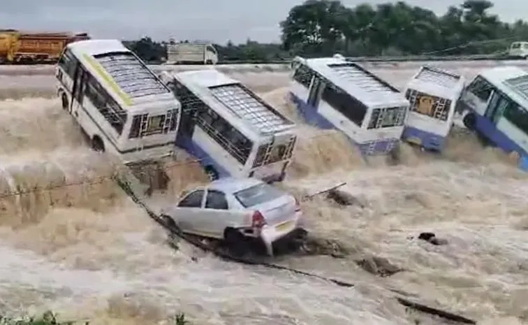 Cyclone Fengal Effect Buses Swept Away In Flood Waters At Tamil Nadu