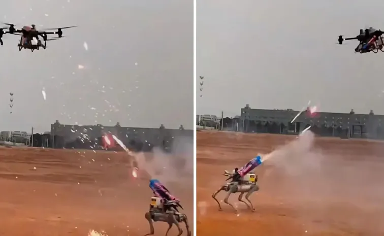 Robot Dog Vs Drone Fight Using Fireworks In China Video