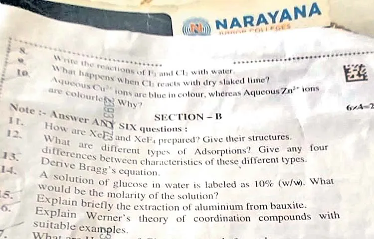 Error in Senior Inter Chemistry paper