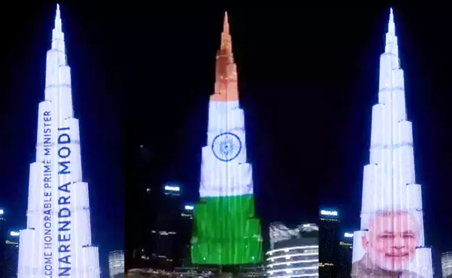 Burj Khalifa Lit Up With Indian Tricolour And Modis Name - Sakshi