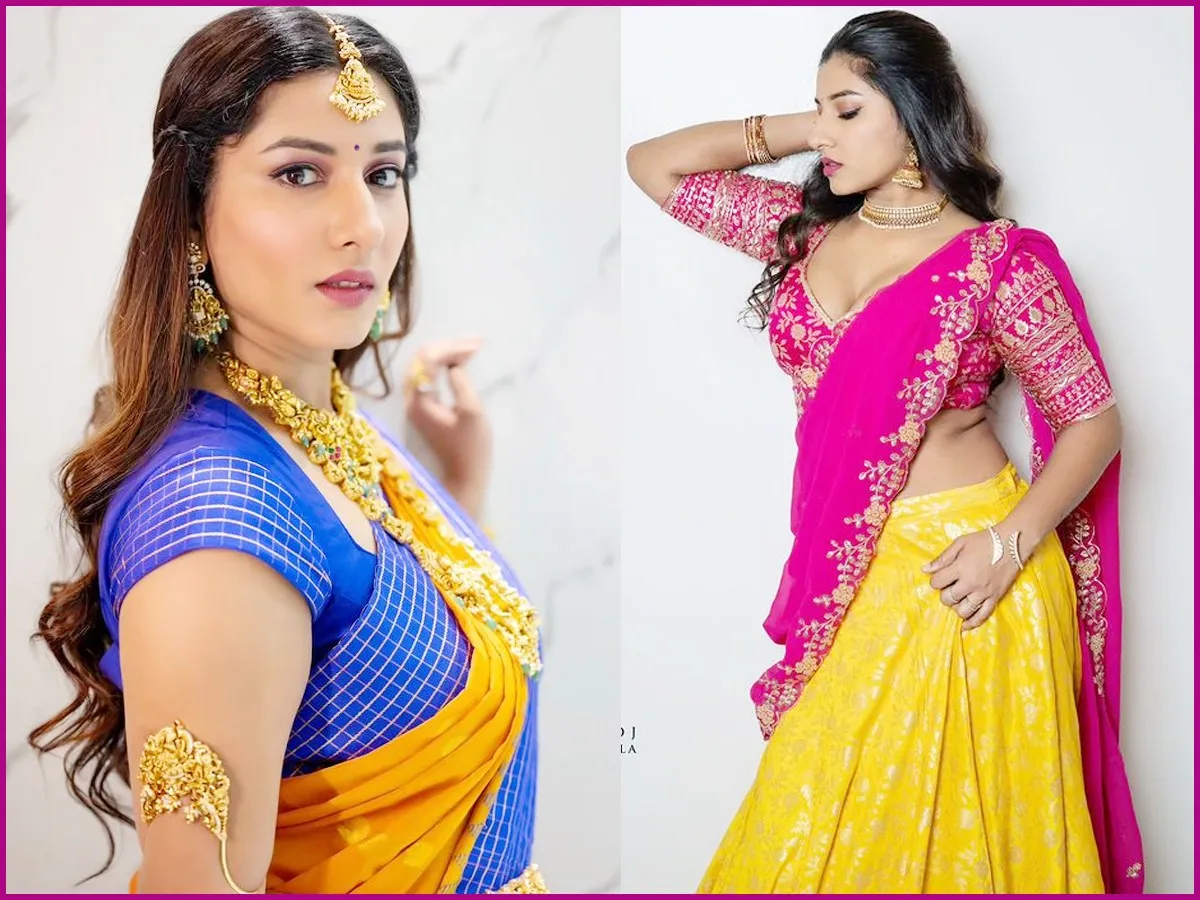 Vishnu Priya Half Saree Poses - Sakshi