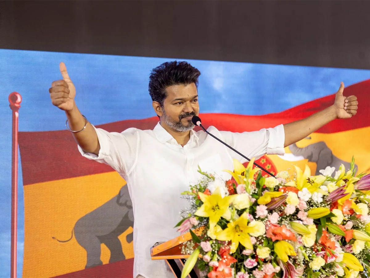 Tamilaga Vettri Kazhagam President Vijay during the party flag 