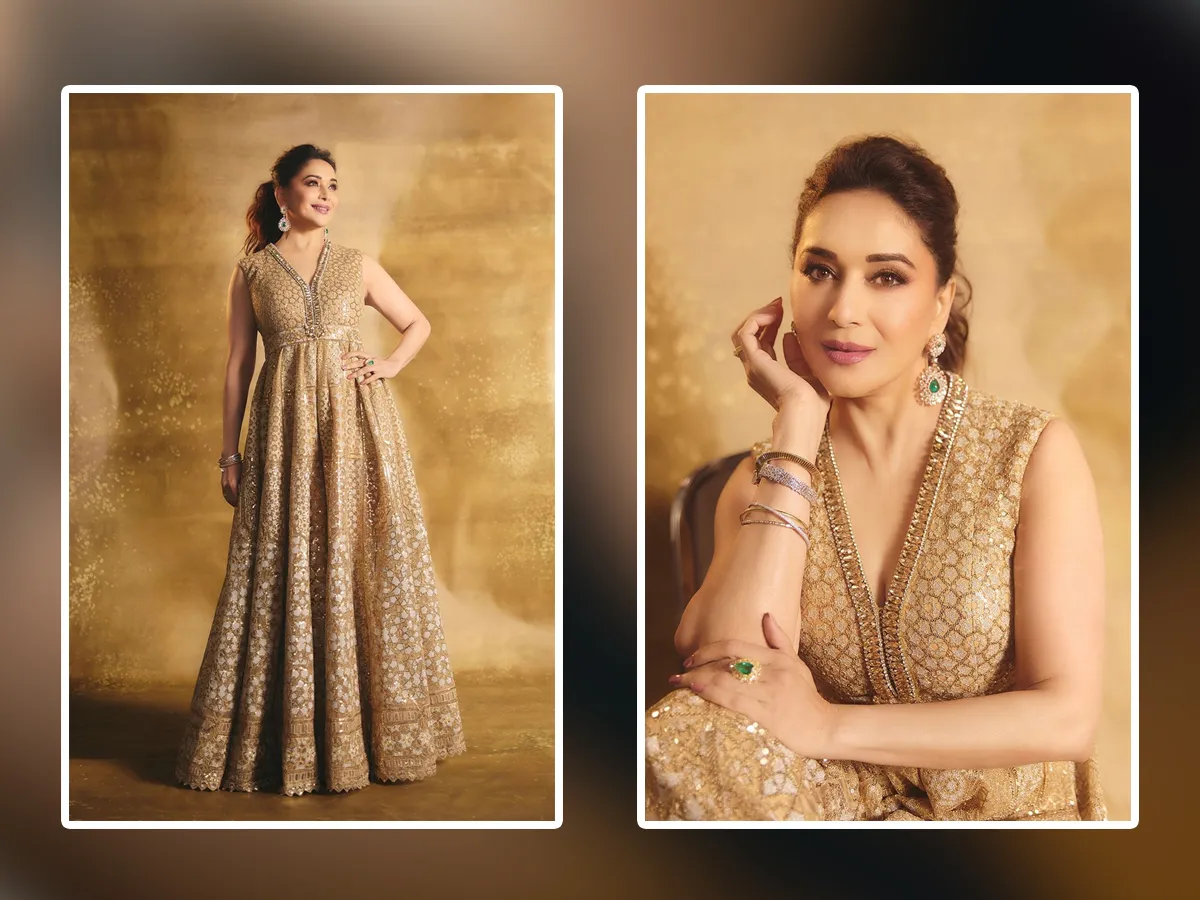 Actress Madhuri Dixit Dazzling Photos In Golden Color Dress