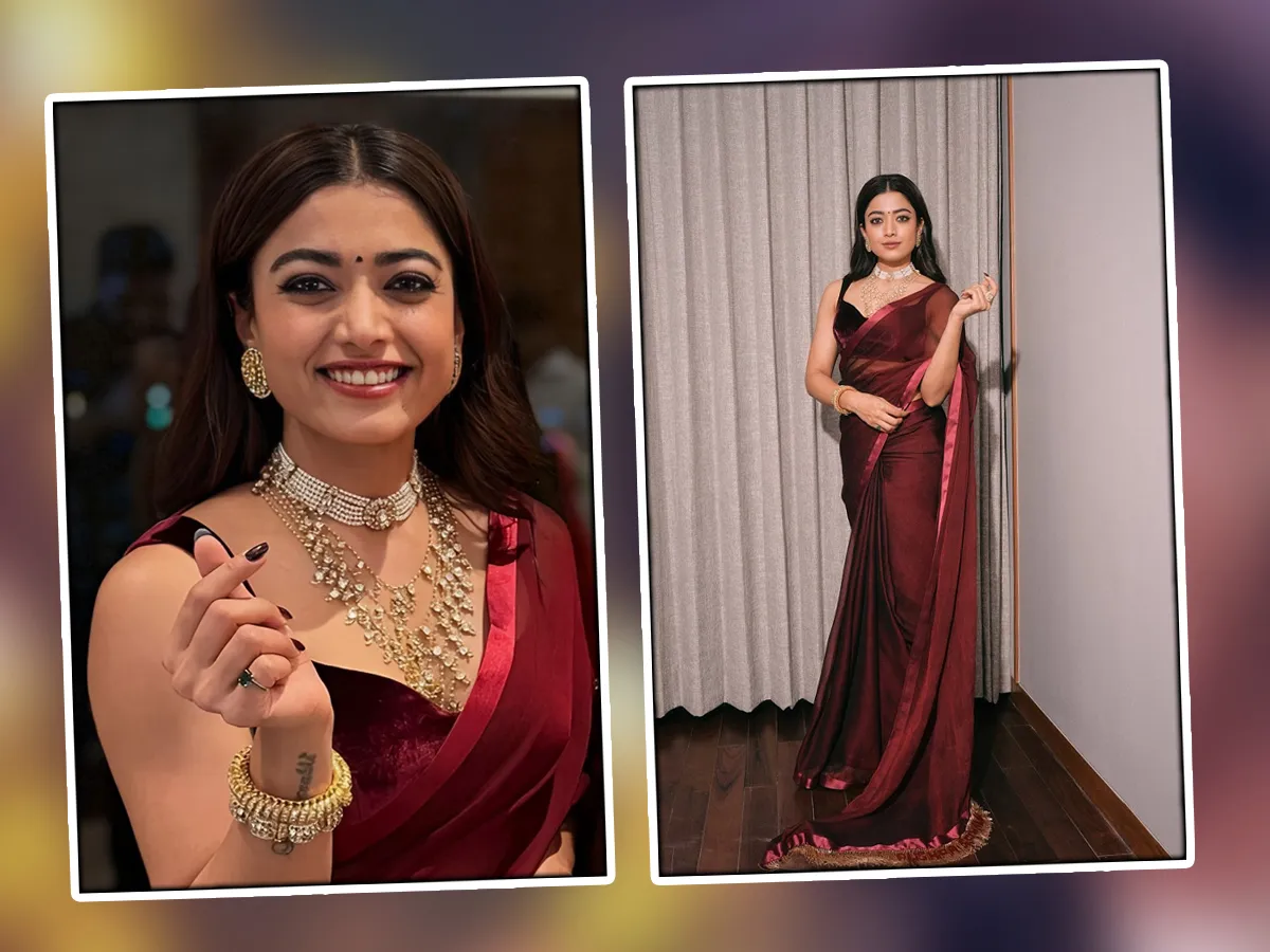 Pushpa Beauty Rashmika Mandanna Stunning Pose In Burgundy Saree