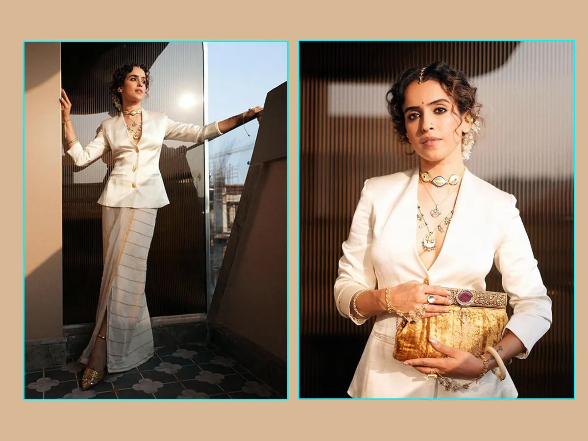 Sanya Malhotra White And Gold Kasavu Saree Skirt With A Blazer