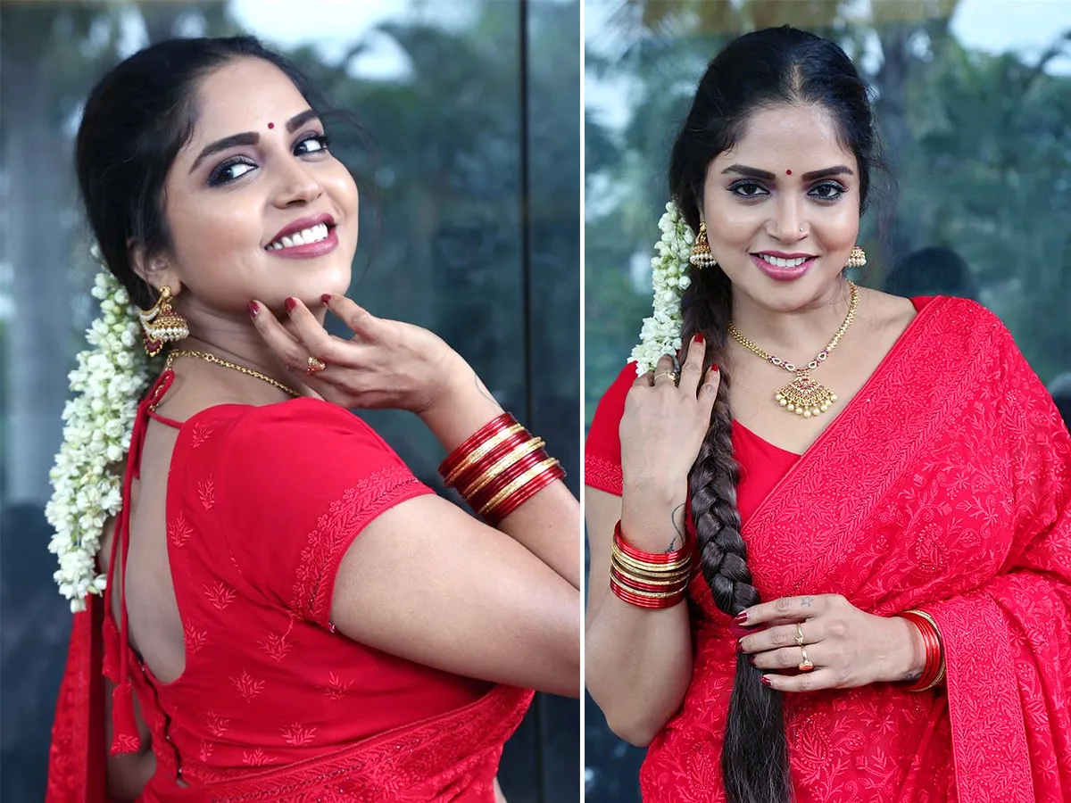 Actress Karunya Chowdary Red Saree Hot photos goes viral9