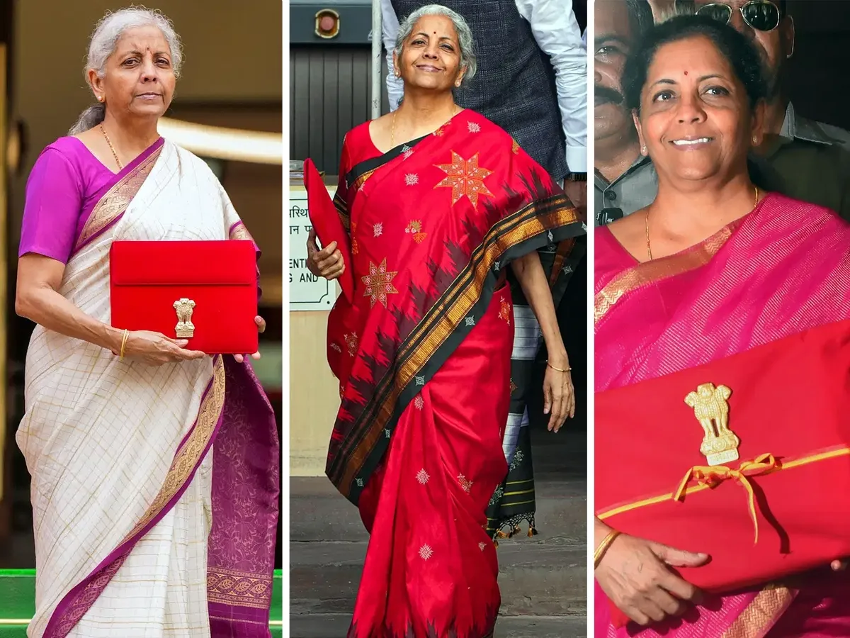 indian finance minister Nirmala sitharaman cream gold saree with madhubani boder budget 2025 to 2026