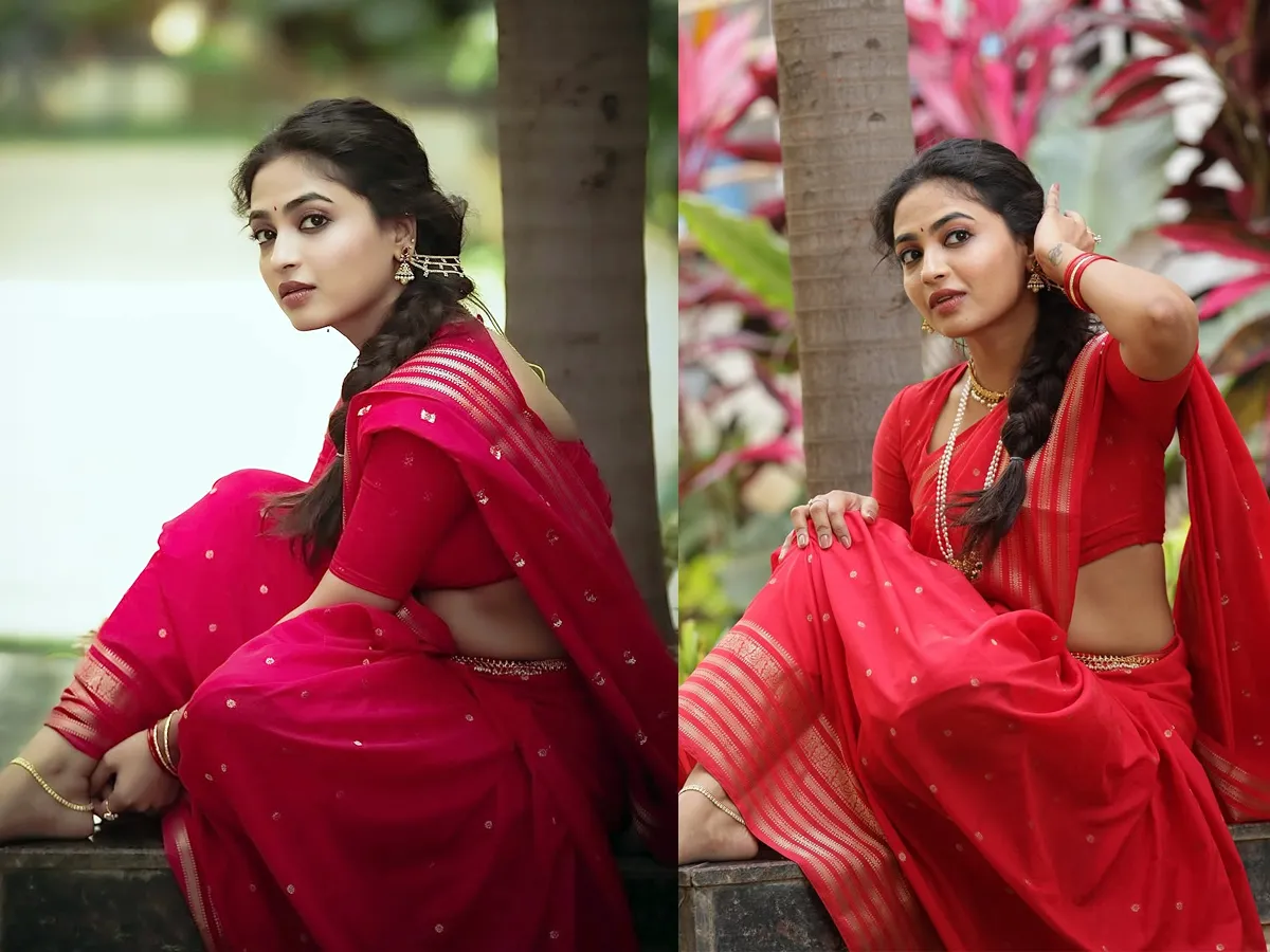 alekhyaharika stunning looks in red saree