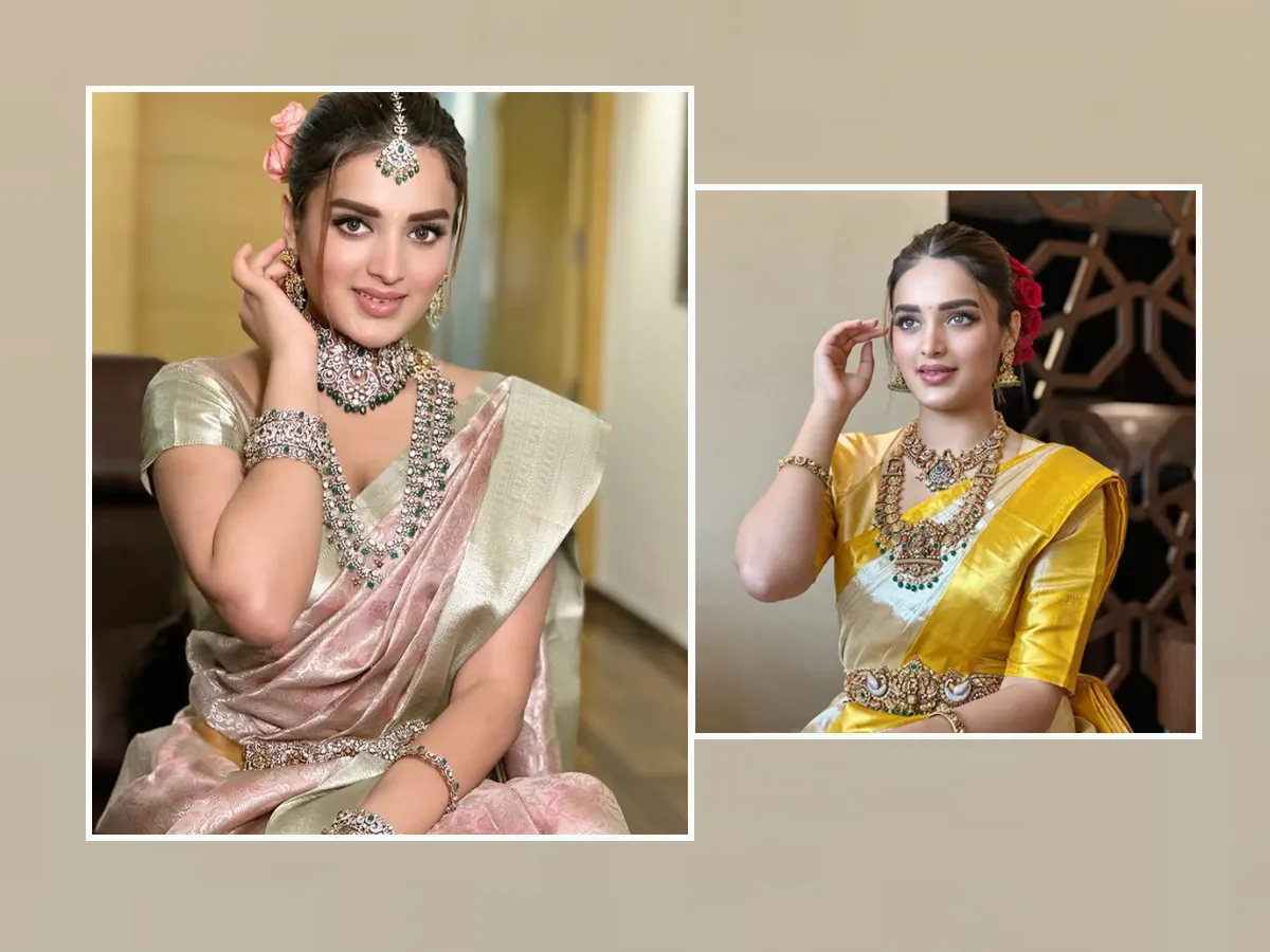 Nidhhi Agerwal shines like gold in gold jewellery