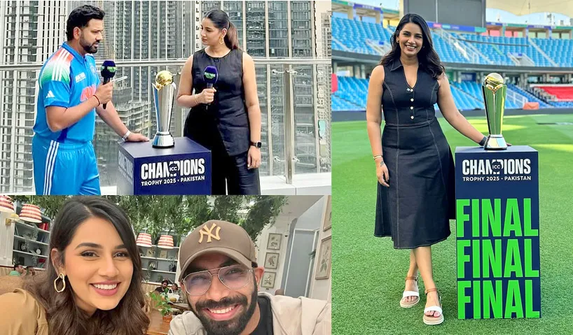 Jasprit Bumrah Wife Sanjana Ganesan With Champions Trophy Interviewed Rohit Sharma Photos